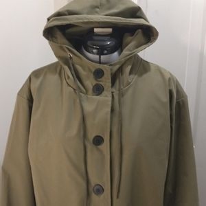 Lightweight Olive Trench Coat Button Down, Hooded Size L